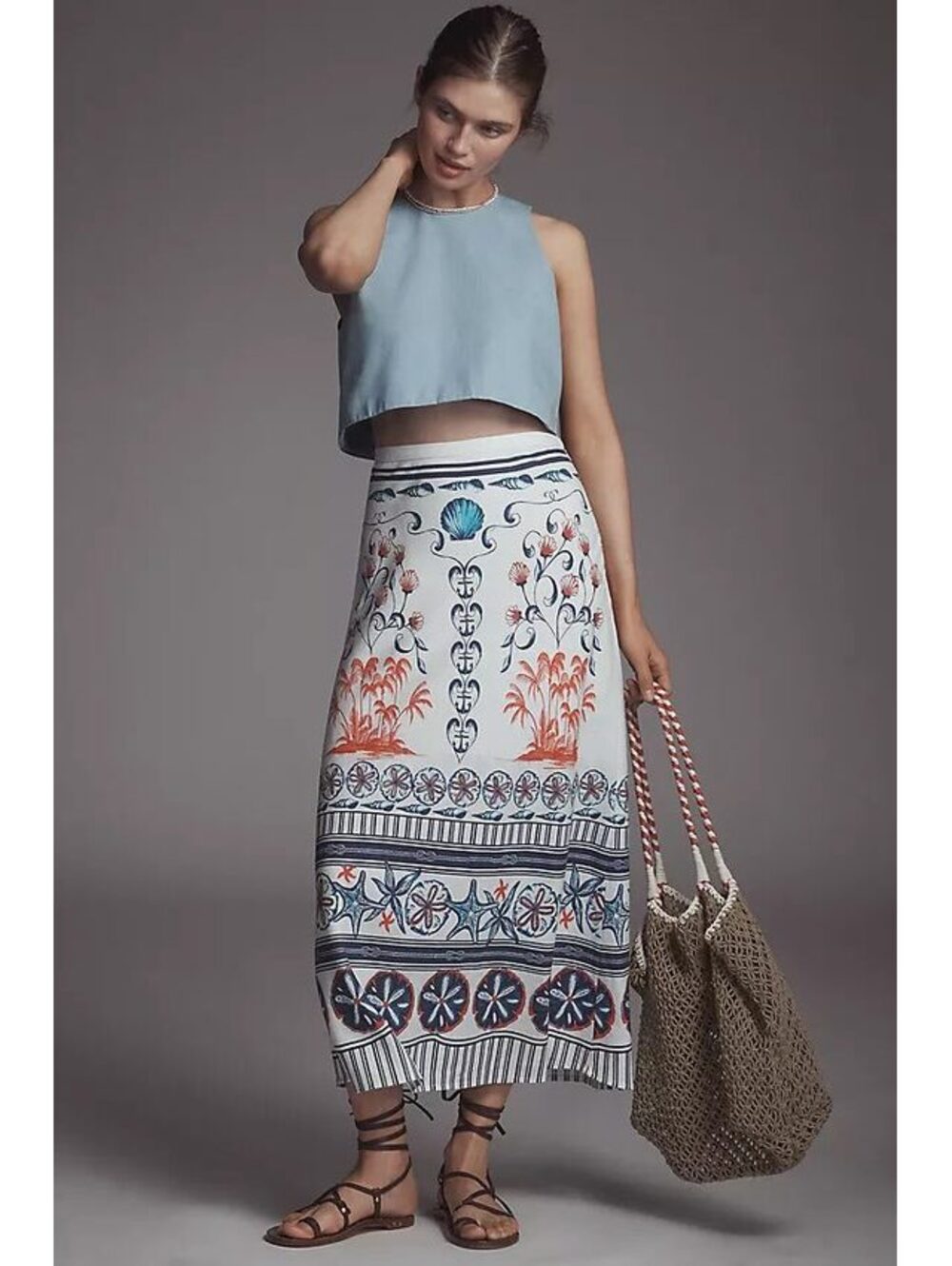Farm Rio × Anthropologie Linen Blend Midi Skirt Nautical Palm Tree Print Medium
